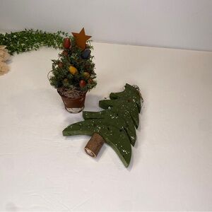 Two Primitive Painted and Decorated Christmas Trees Folk Art Handmade